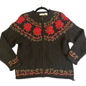 Poinsettia Cardigan Sweater Embroidered Beaded Christmas Holiday Grannycore SM